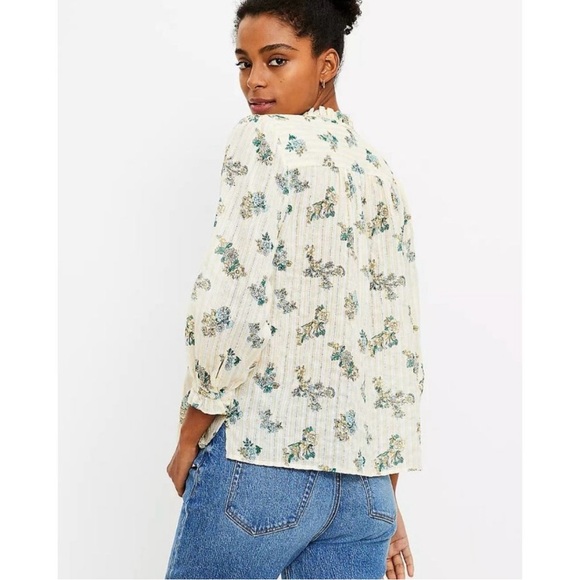 Loft Floral Tie Neck Button Up Blouse Yellow Size Large yellow white striped - Picture 2 of 9